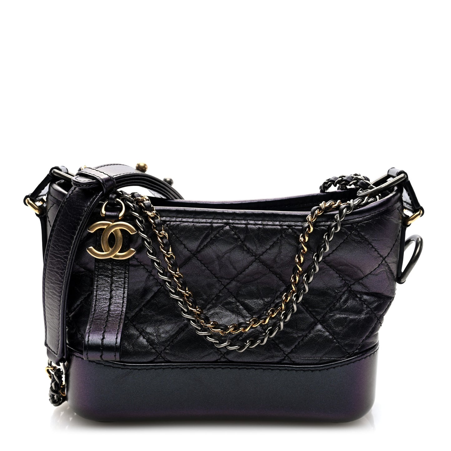 Iridescent Aged Calfskin Quilted Small Gabrielle Hobo Black