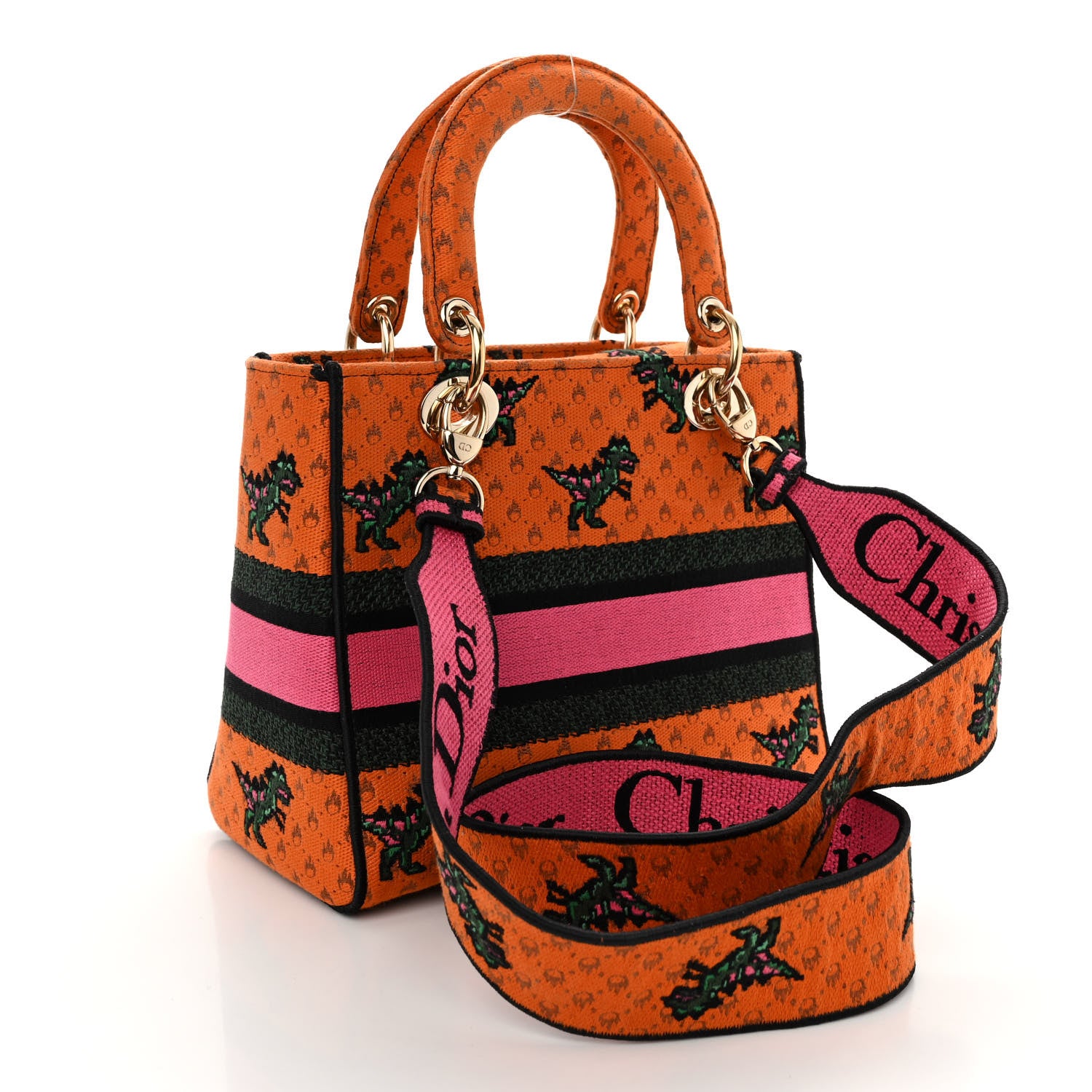 Christian Dior Canvas Embroidered Dino Medium Lady D-Lite Orange Multicolor 3 of 9