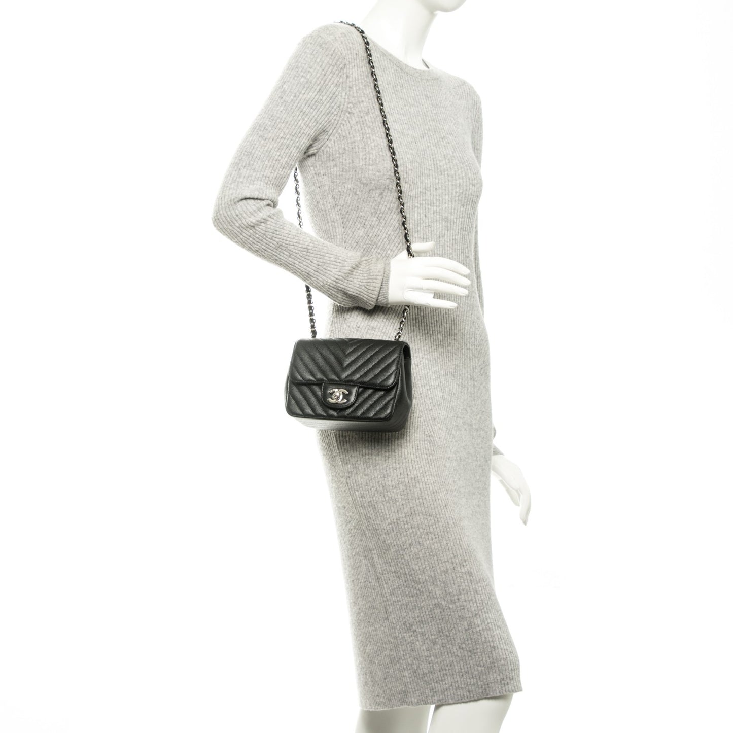Caviar Chevron Quilted Mini Square Flap Black