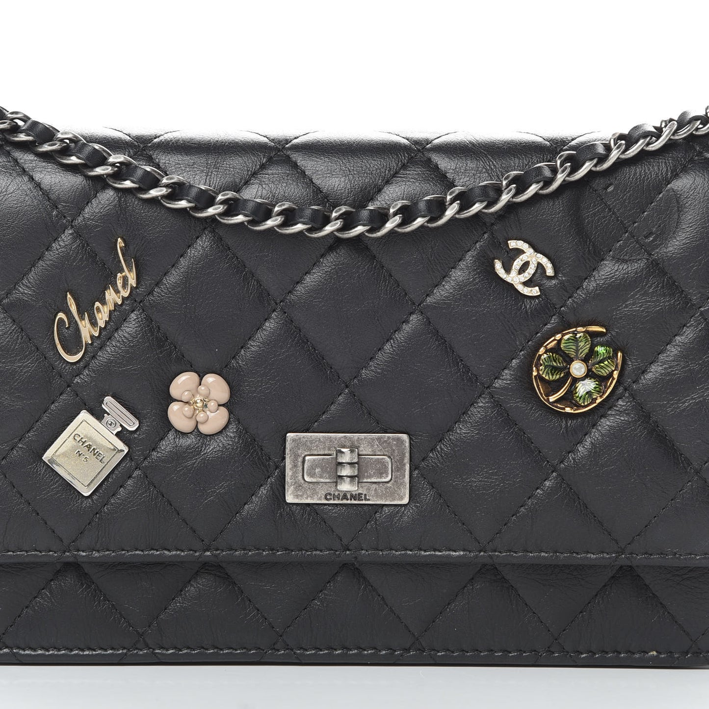 Aged Calfskin Lucky Charms Casino 2.55 Reissue Wallet on Chain WOC Black