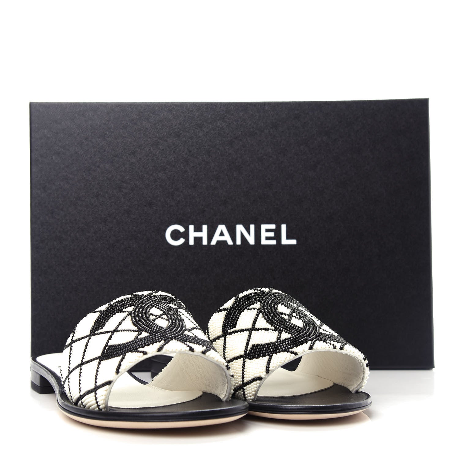Chanel Pearl Embroidery Flat Sandals 38.5 White Black 11 of 11