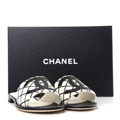 Chanel Pearl Embroidery Flat Sandals 38.5 White Black 11 of 11