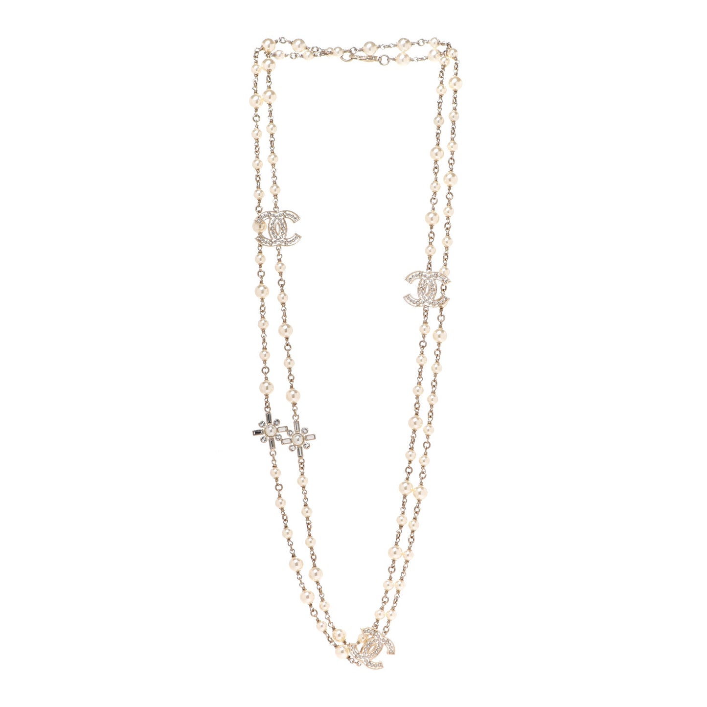 Crystal Baguette Pearl CC Cross Necklace Gold