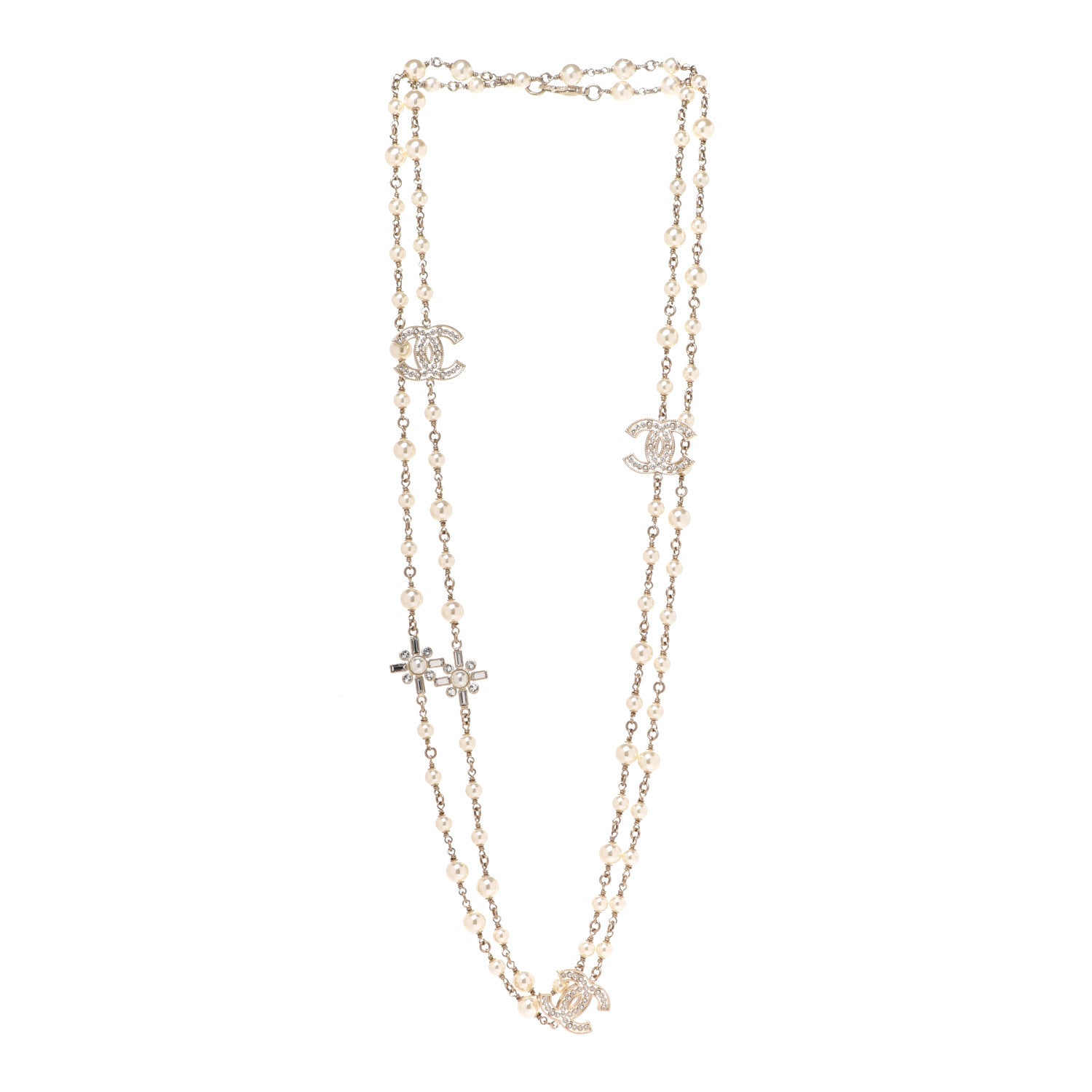 Chanel Crystal Baguette Pearl CC Cross Necklace Gold 3 of 7