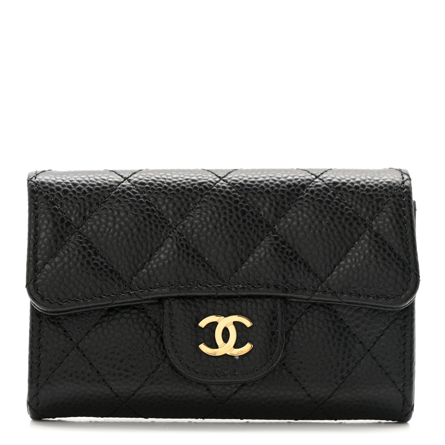 Caviar Quilted Flap Card Holder Wallet Black