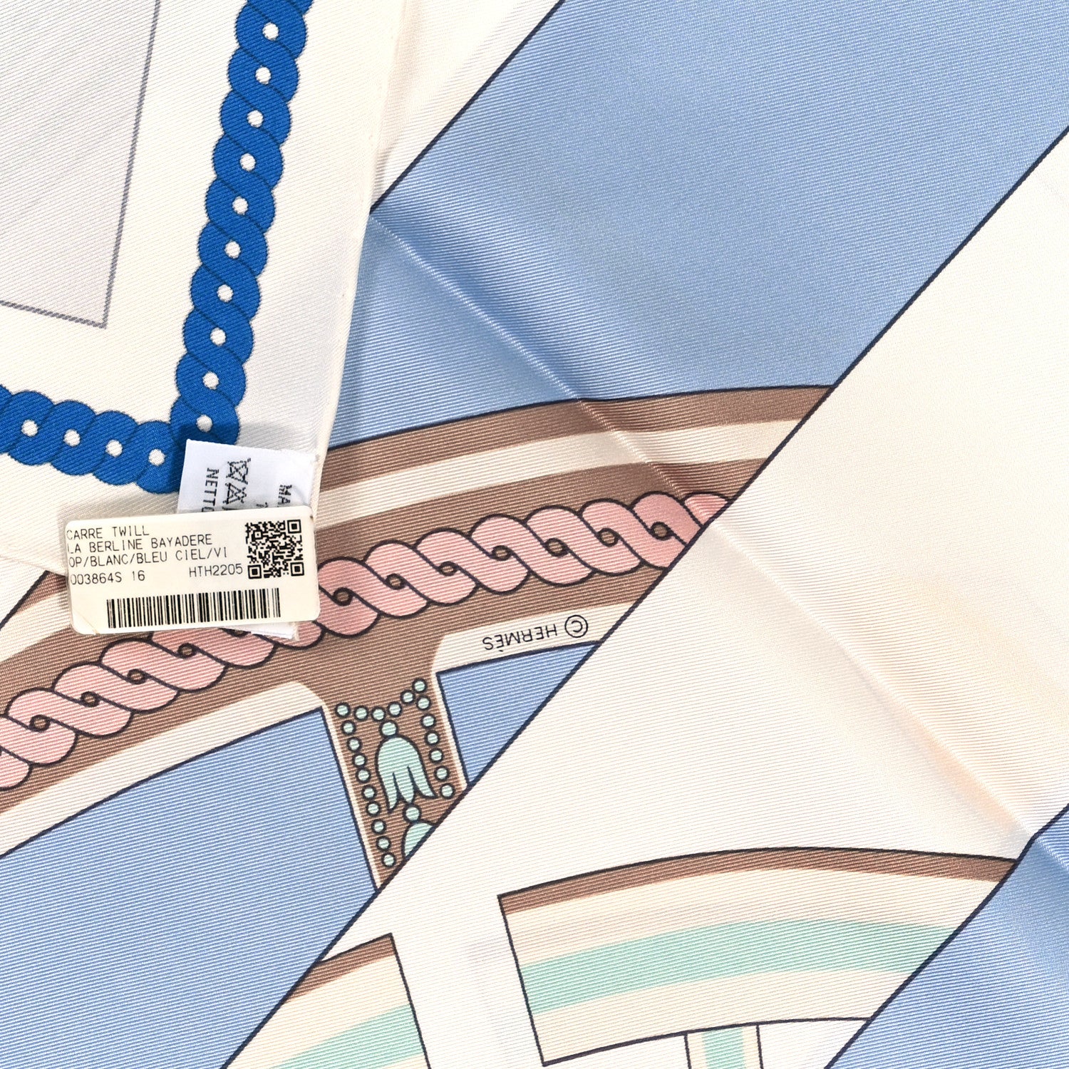 Hermes Silk La Berline Bayadere Scarf 90 White Bleu Ciel Vieux Rose 3 of 4