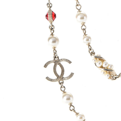 Chanel Pearl Bead CC Long Necklace Gold Red Pink 4 of 6