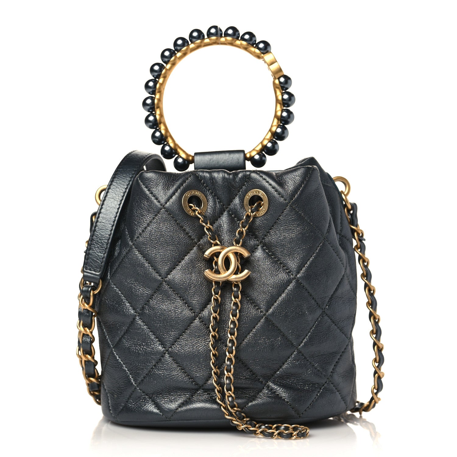 Chanel Metallic Lambskin Quilted Pearl Crown Drawstring Bag Anthracite 1 of 9