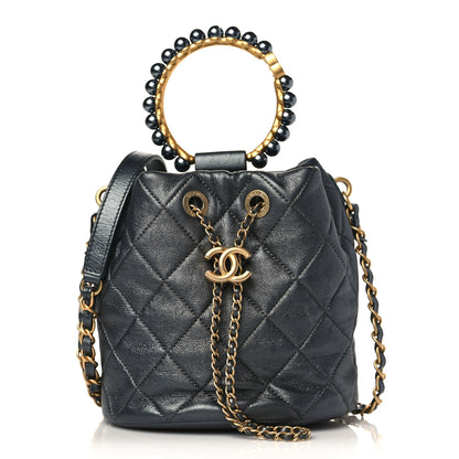 Chanel Metallic Lambskin Quilted Pearl Crown Drawstring Bag Anthracite 1 of 9