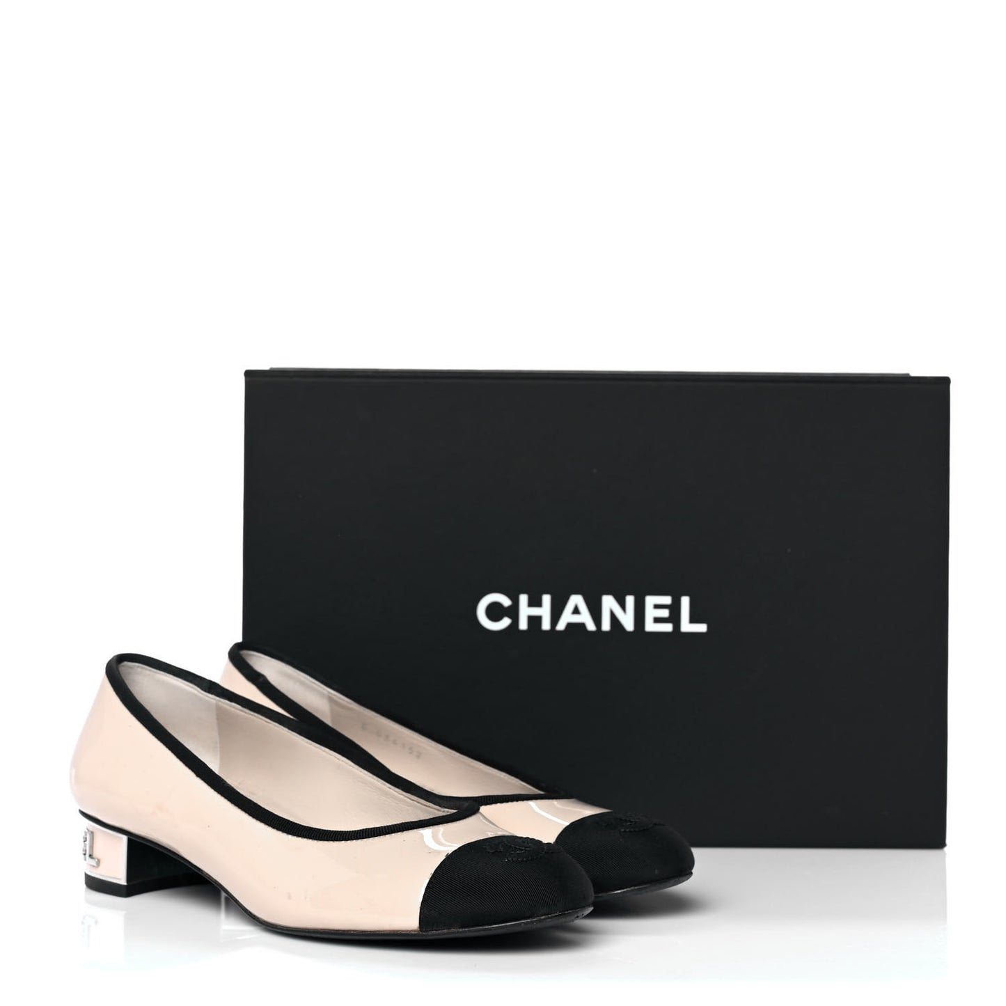 Patent Grosgrain Cap Toe Logo Flats 36 Beige Black
