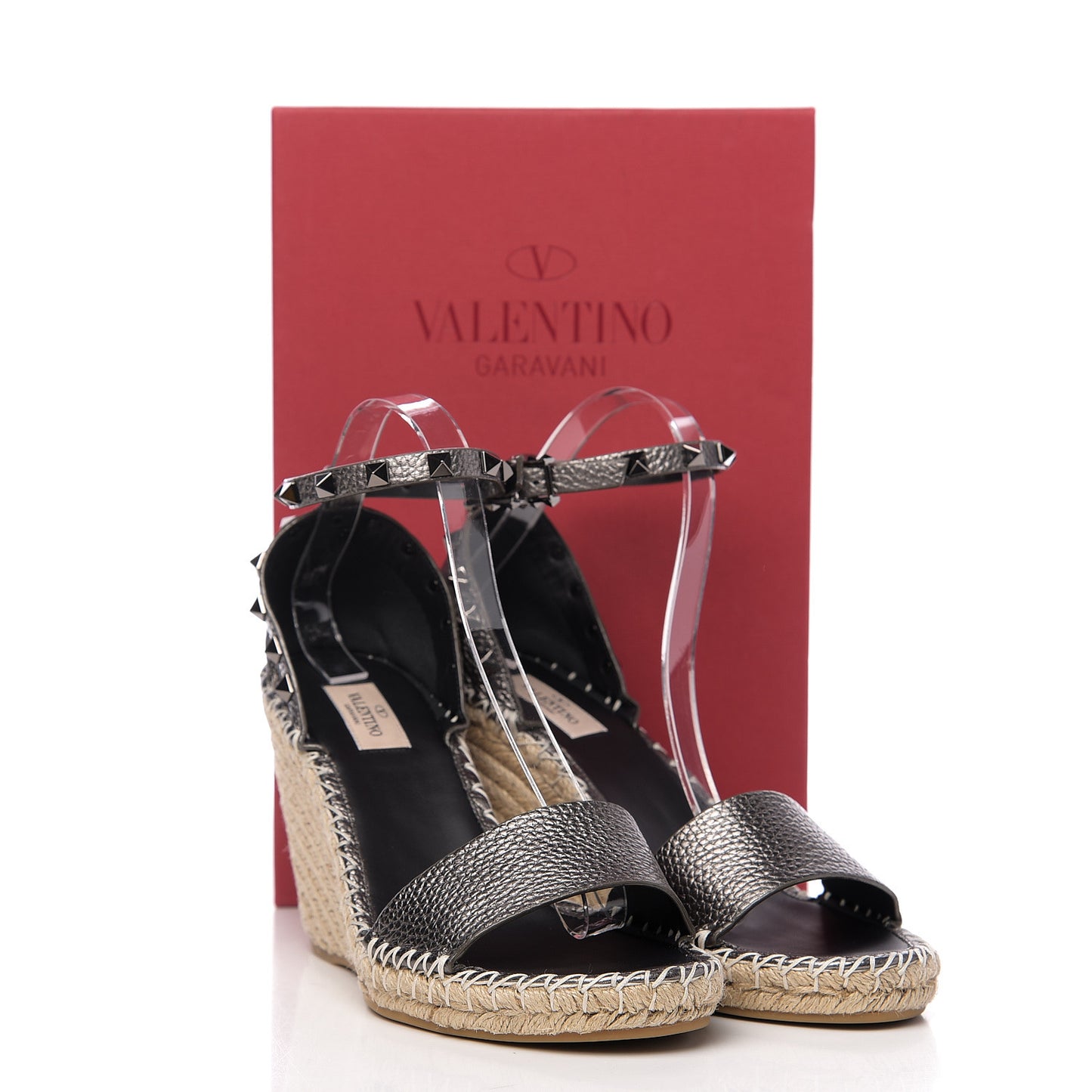 Metallic Grained Calfskin Rockstud Ankle Strap Espadrille 15/105mm Wedge Sandals 41 Rutenio Natural
