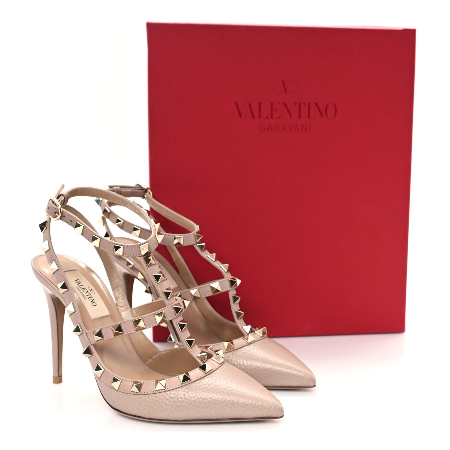 Pebbled Calfskin Rockstud Ankle Strap 100mm Pumps 37 Poudre