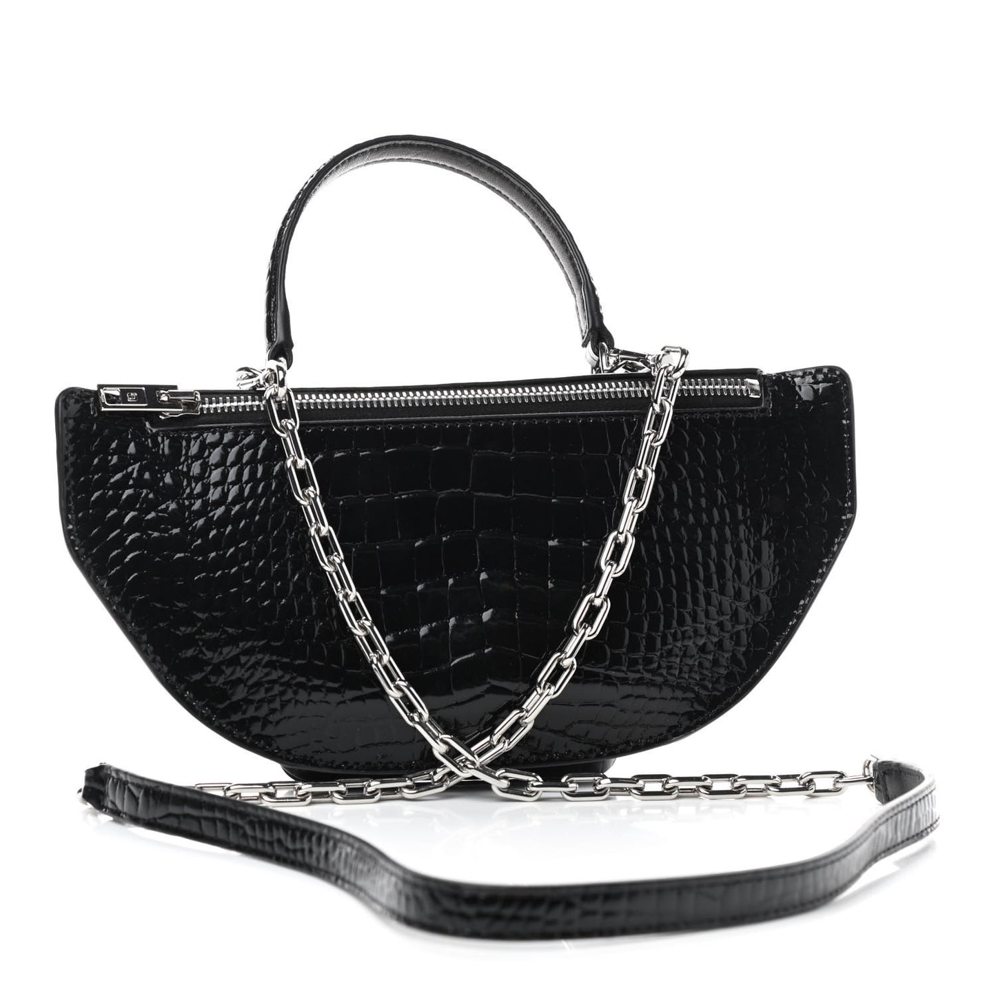 Crocodile Embossed Patent Mini Top Handle Attica Belt Bag Black