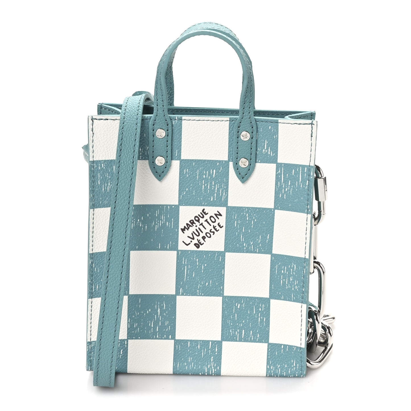 Calfskin Damier Sac Plat XS Blue Teal