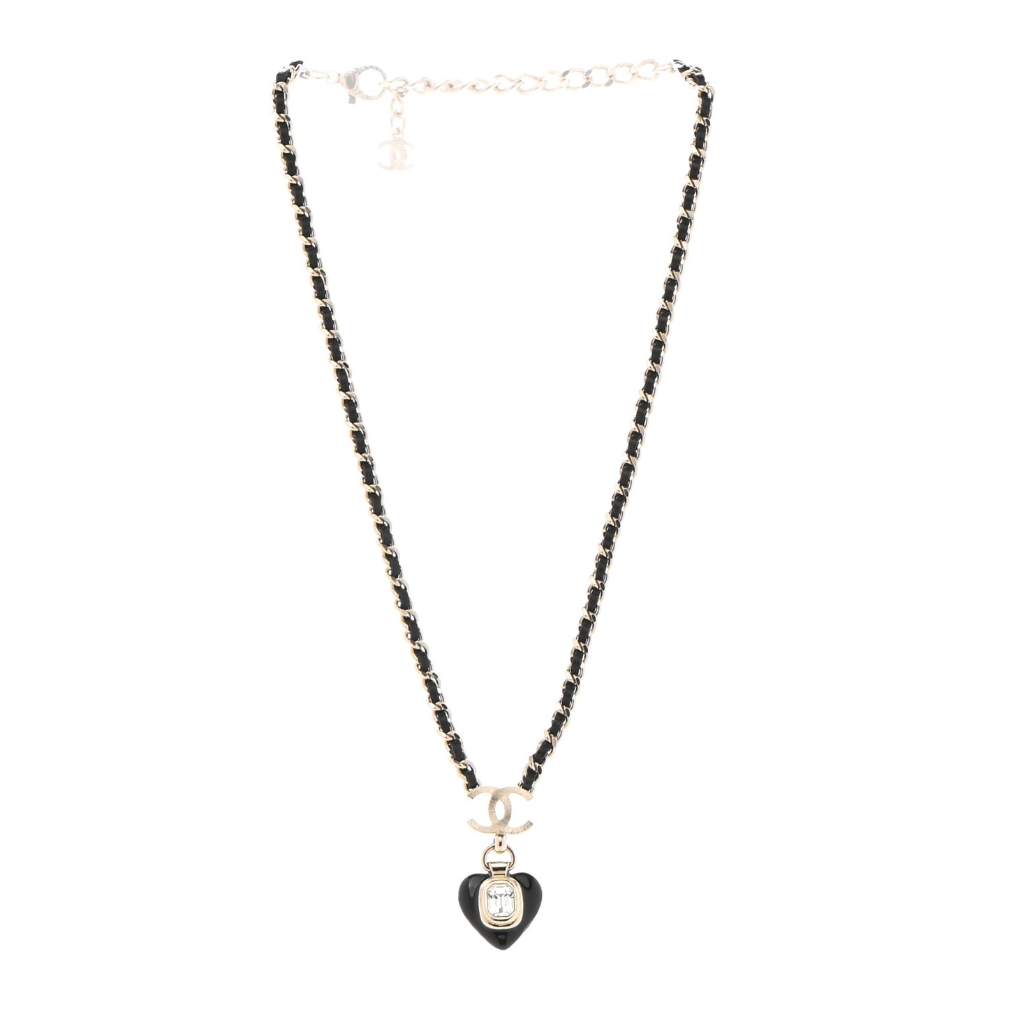 Lambskin Crystal Pearl CC Heart Drop Necklace Gold Black