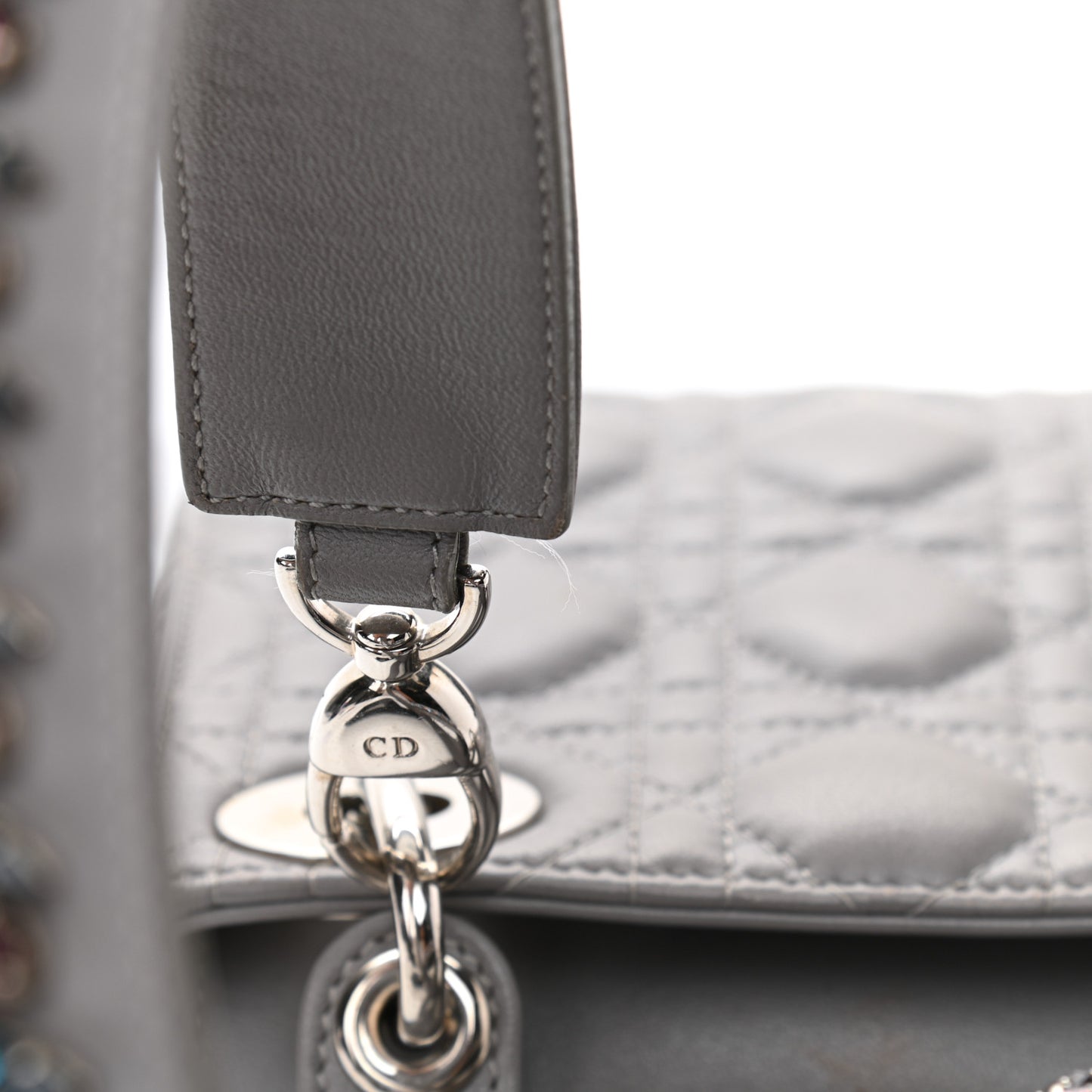 Lambskin Cannage Mini Lady Dior Crystal Strap Grey