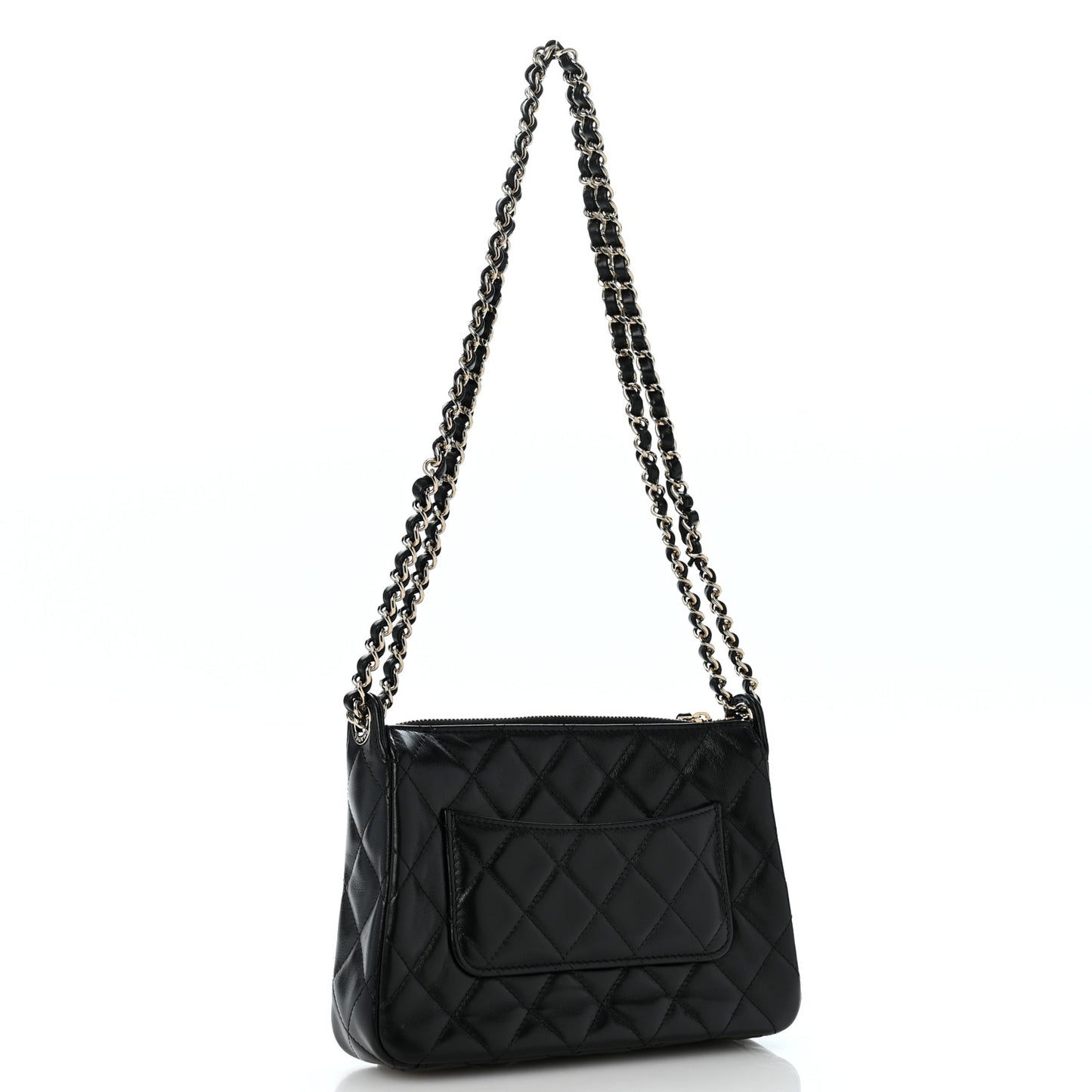 Shiny Crumpled Lambskin Quilted Small Preppy Pocket Clutch With Chain Black