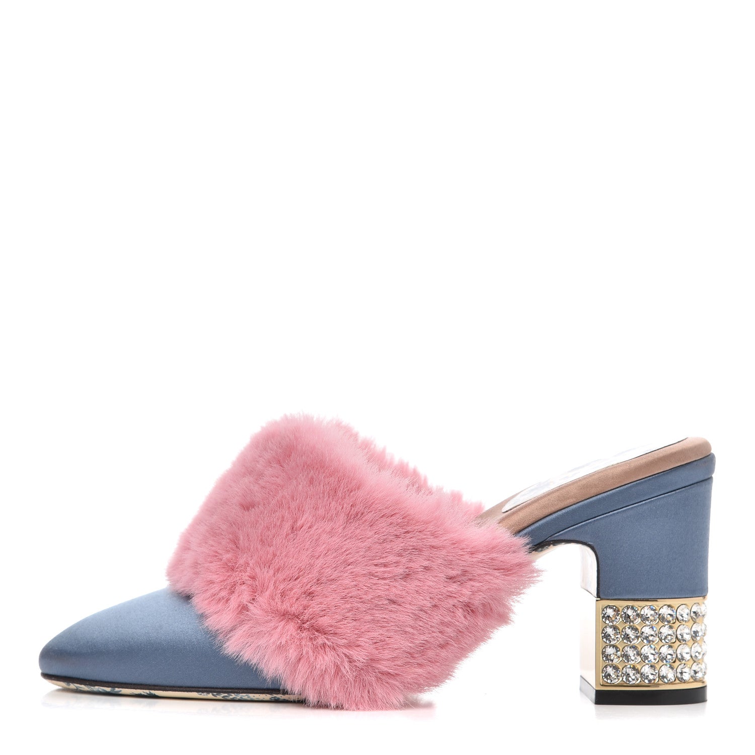 Gucci Faux Fur Silk Satin Crystal Candy Mules 38 Rosa Carta Zucchero 1 of 14