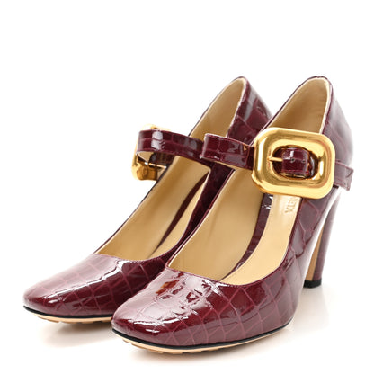 Bottega Veneta Glossy Calfskin Crocodile Embossed Mostra Mary Jane 90 MM Pumps 37 Merlot 4 of 10