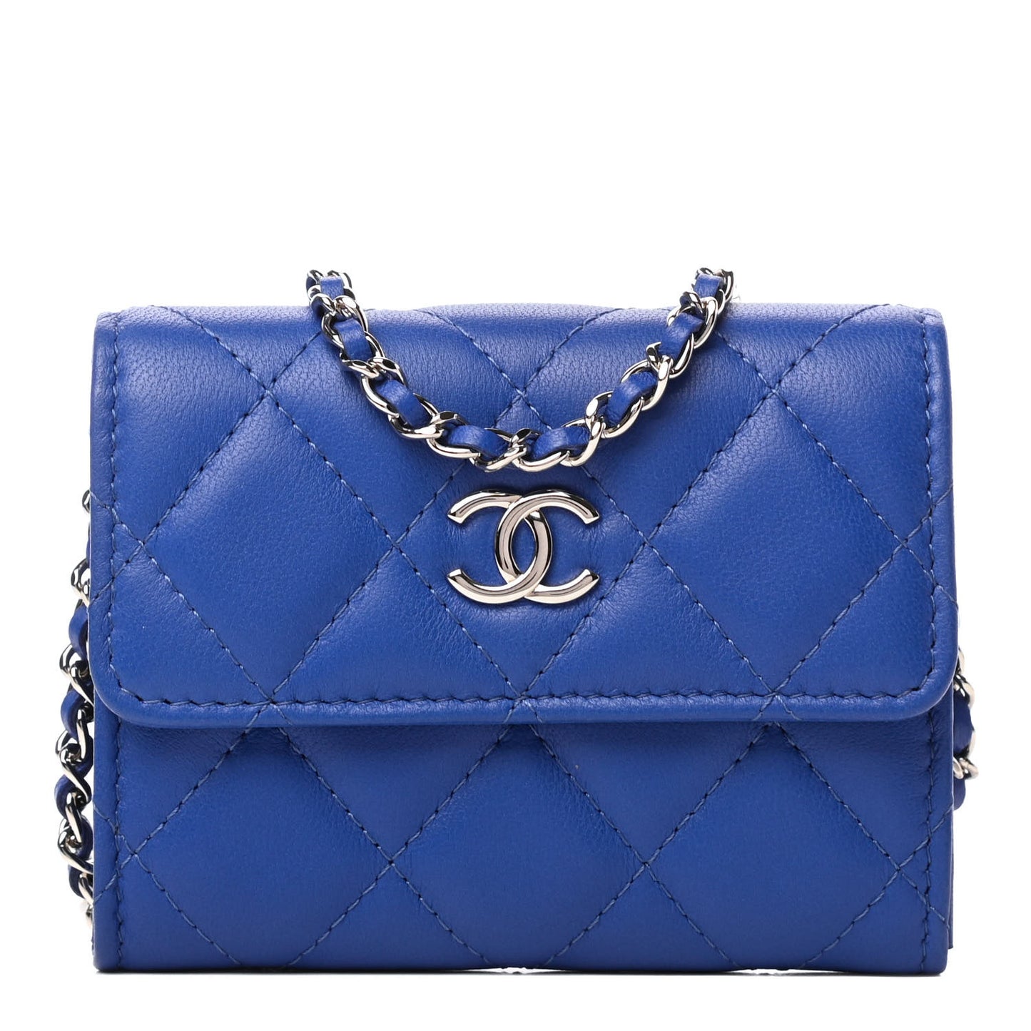 Lambskin Quilted Flap Card Holder On Chain Blue