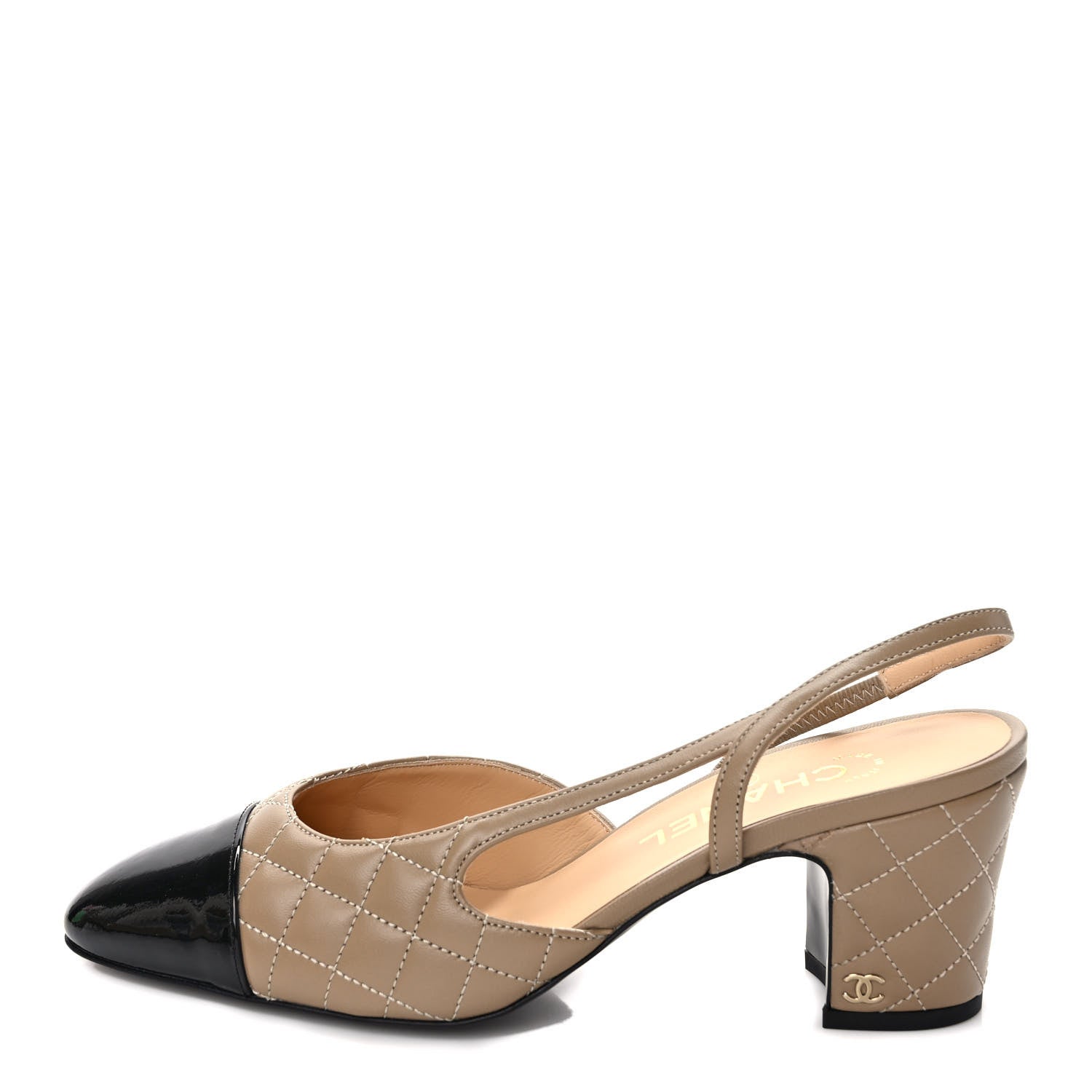 Chanel Lambskin Patent Calfskin Quilted Cap Toe CC Slingback Pumps 39 Beige Black 1 of 8