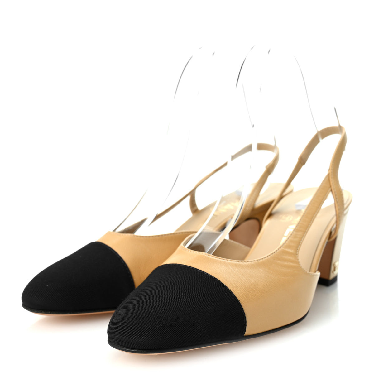 Goatskin Grosgrain Cap Toe CC Slingback Pumps 37 Beige Black