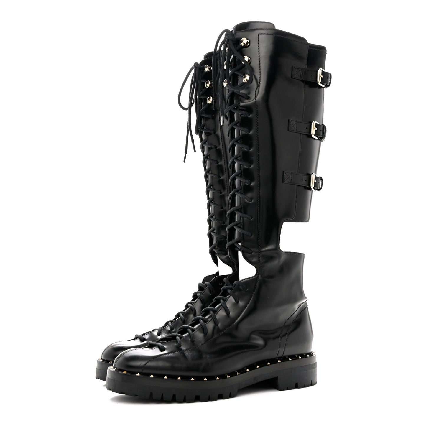 Calfskin Soul Rockstud Split Knee High Boots Black 38.5 Black