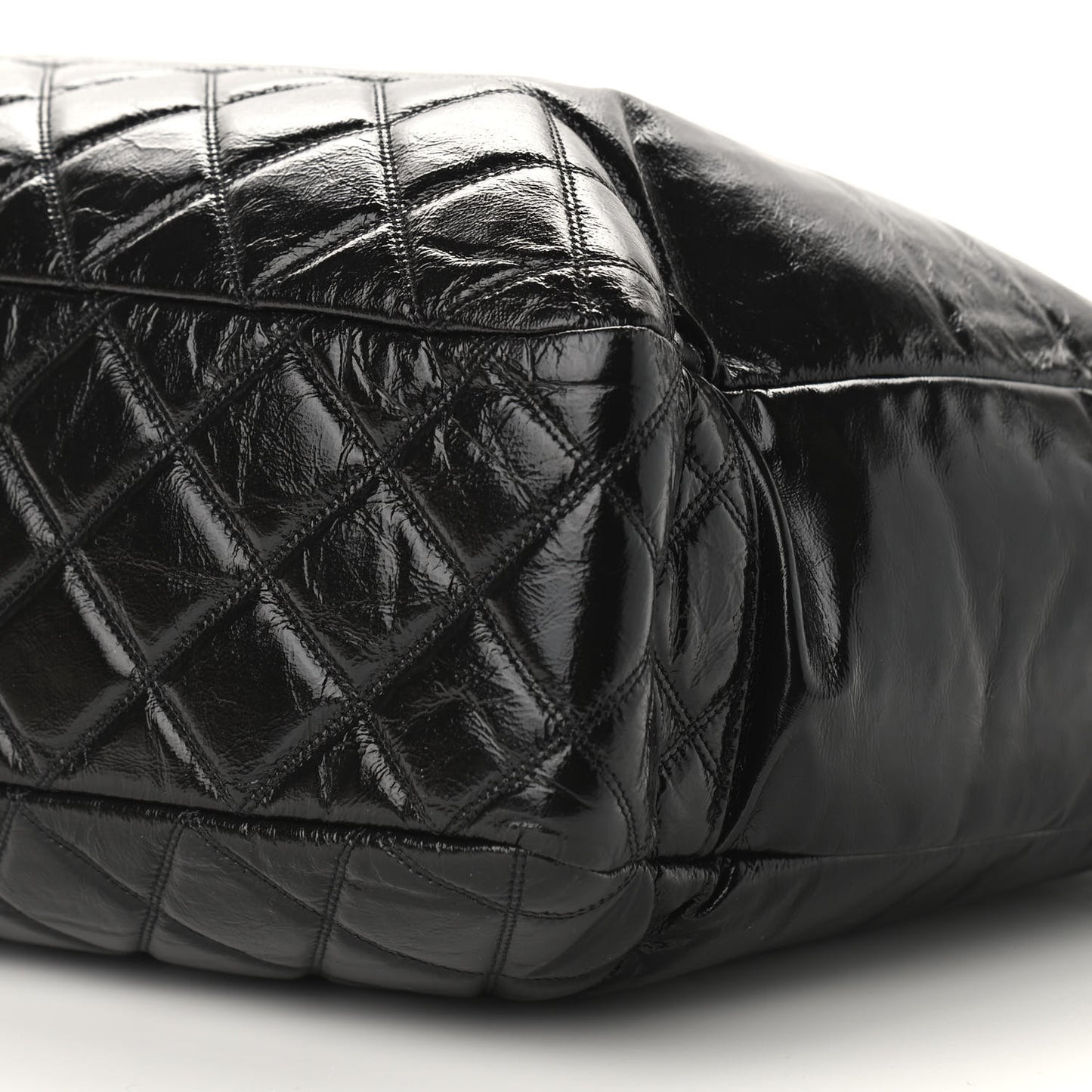 Shiny Aged Calfskin Quilted Large Shopping Bag Black