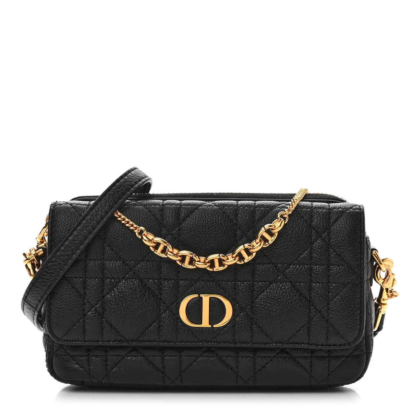 Supple Calfskin Cannage Caro Pouch with Chain Black