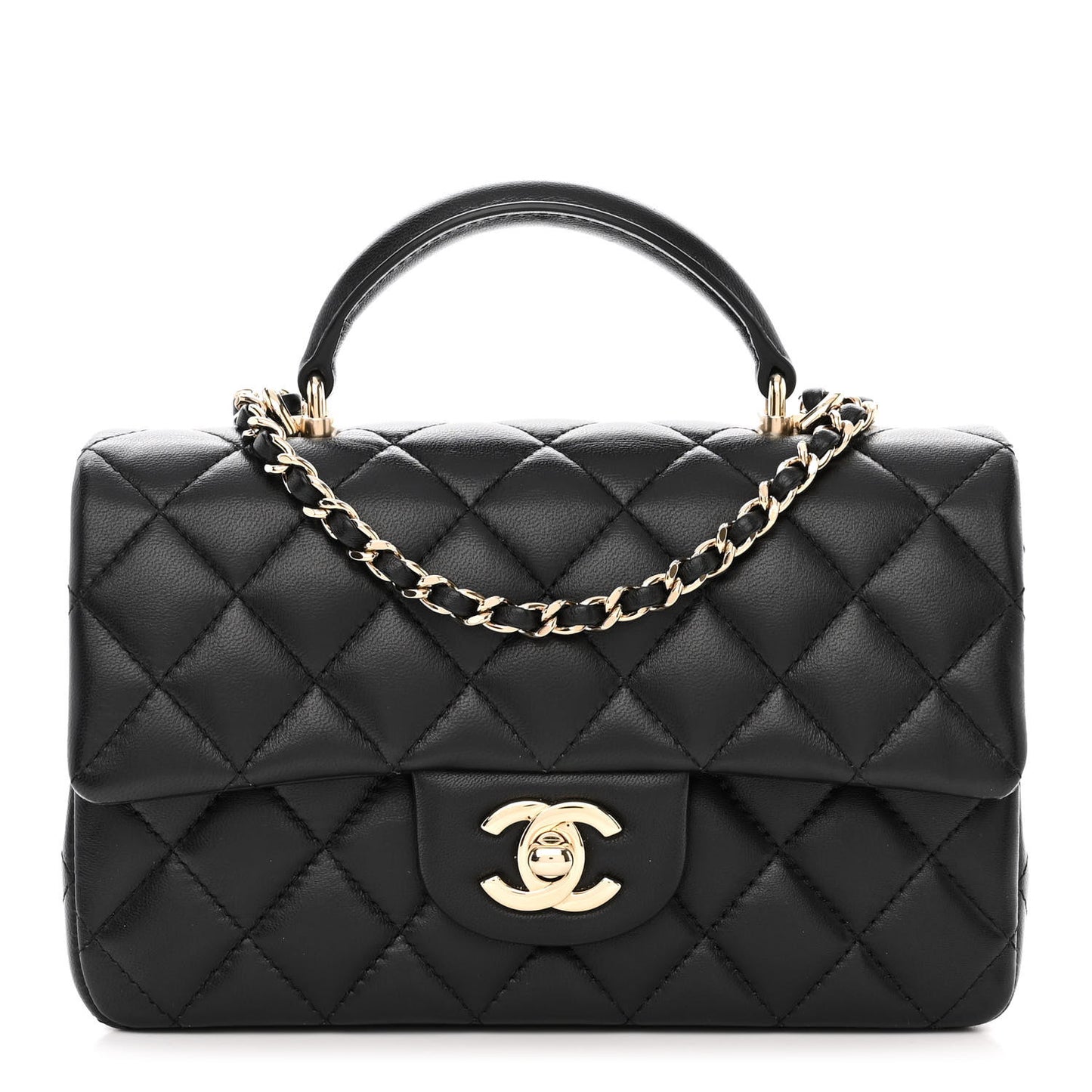 Lambskin Quilted Mini Top Handle Rectangular Flap Black