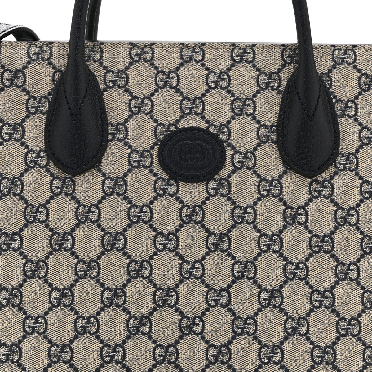 GG Supreme Monogram Textured Dollar Calfskin Small Retro Interlocking G Tote Bag Beige Blue