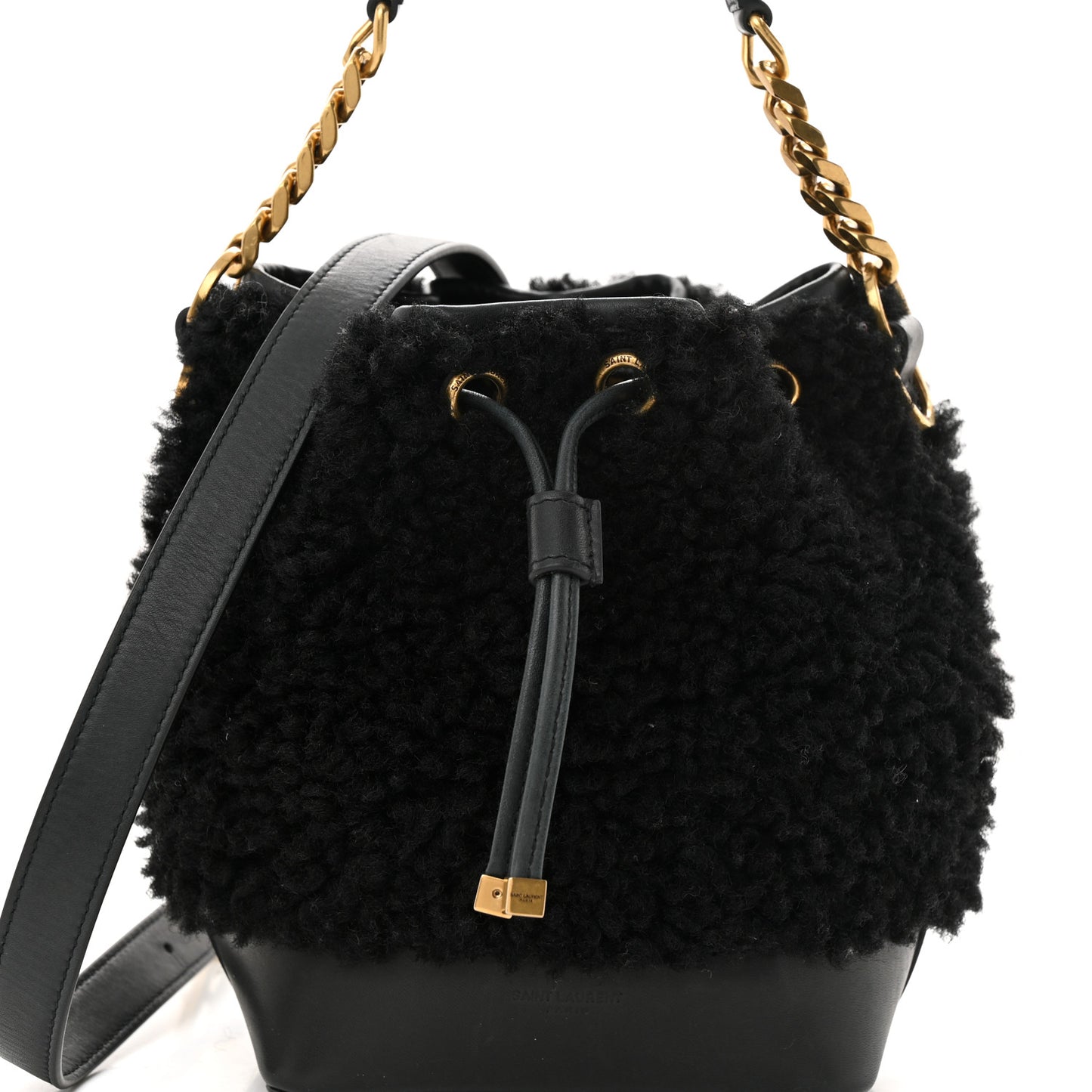 Shearling Calfskin Small Emmanuelle Bucket Bag Black