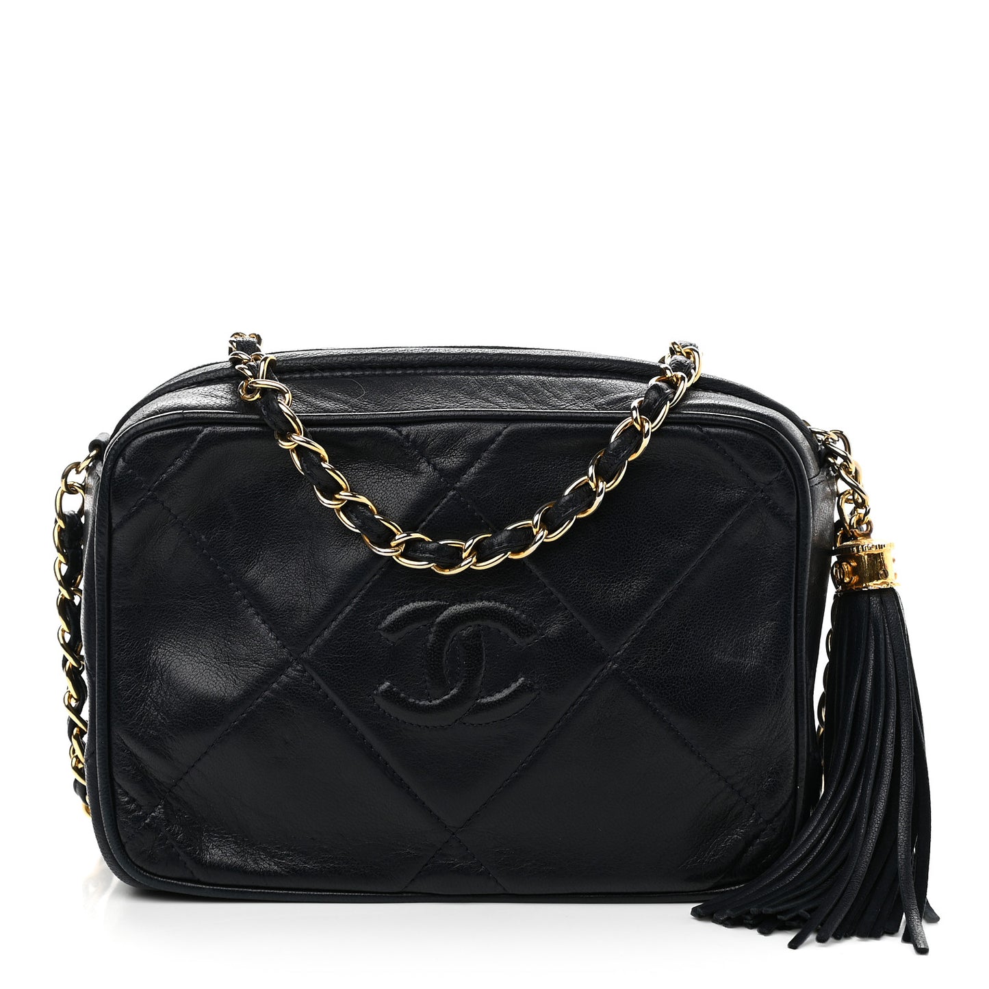 Lambskin Quilted CC Tassel Camera Case Navy