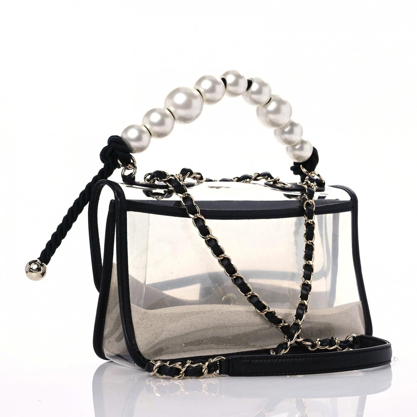 Lambskin PVC Sand By The Sea Flap With Pearl Strap Black
