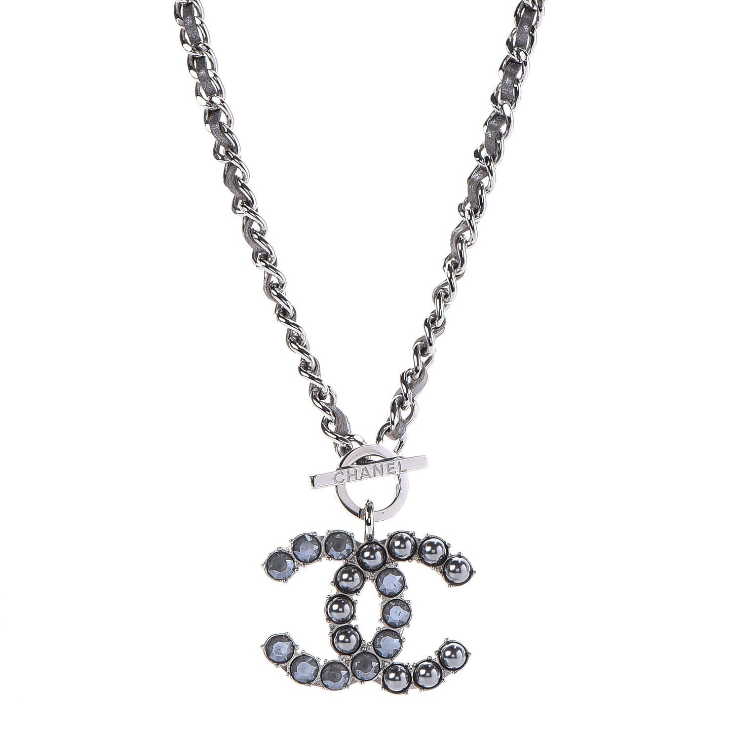 Metal Strass Calfskin Glass Pearls CC Short Necklace Black Dark Grey