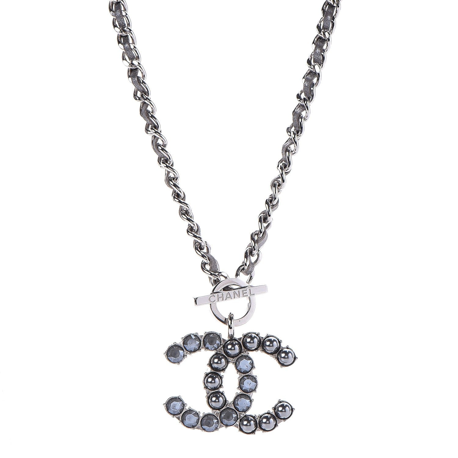 Chanel Metal Strass Calfskin Glass Pearls CC Short Necklace Black Dark Grey 1 of 6