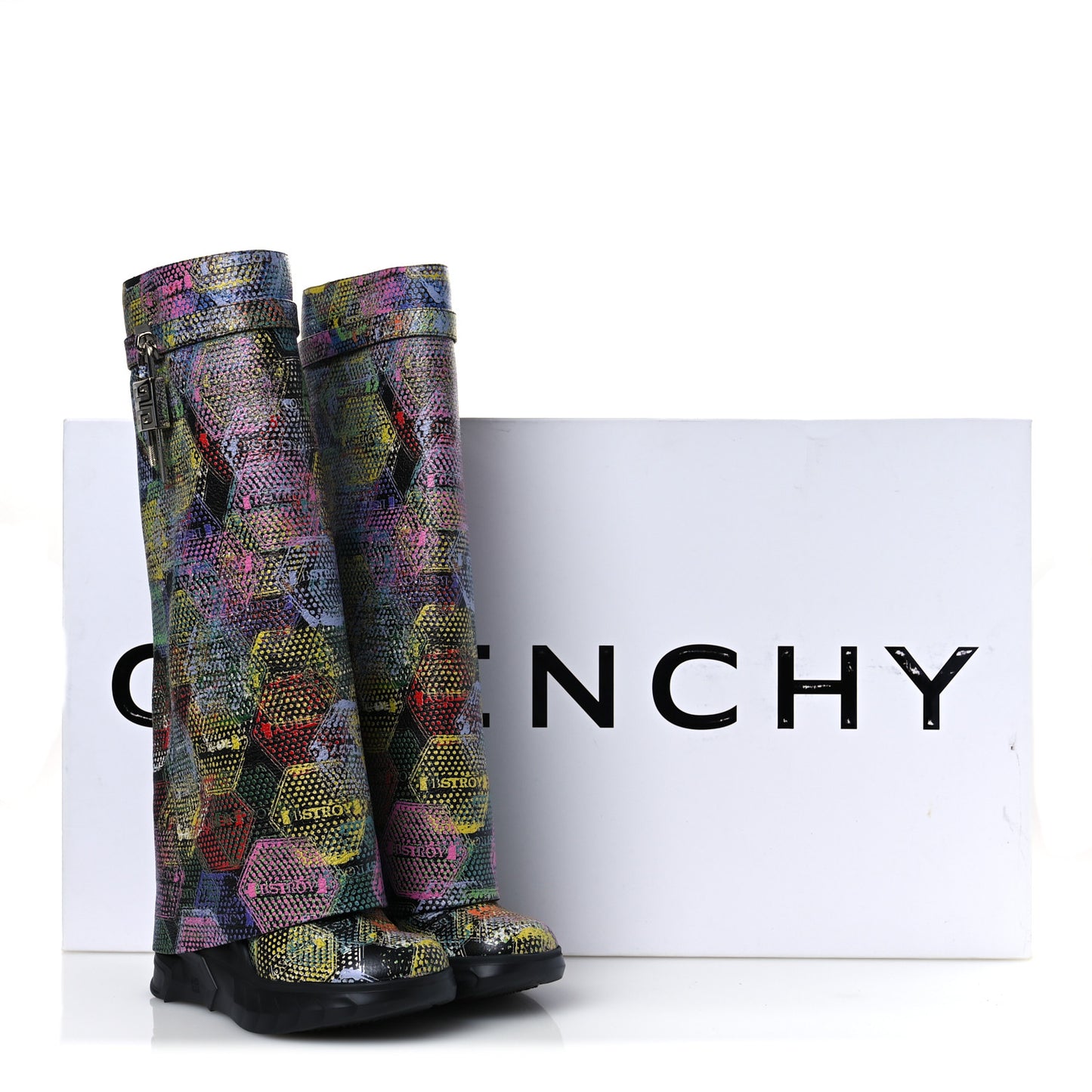 Grained Calfskin Printed Shark Lock Biker Knee Boots 40 Black Multicolor