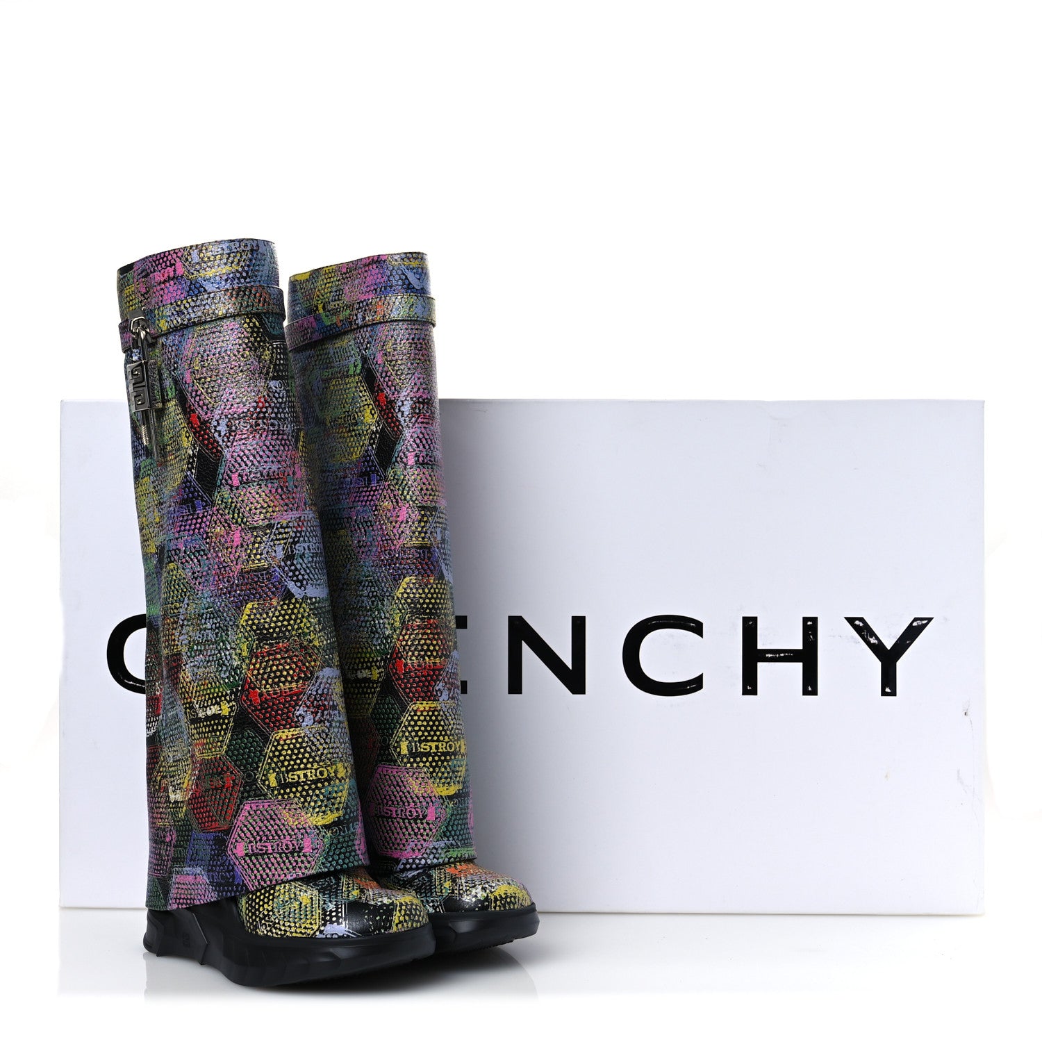 Givenchy Grained Calfskin Printed Shark Lock Biker Knee Boots 40 Black Multicolor 11 of 11