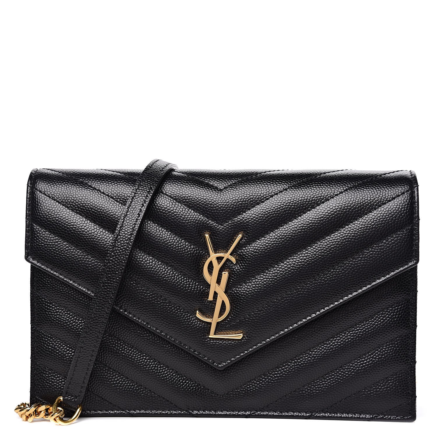 Saint Laurent Grain De Poudre Matelasse Chevron Monogram Envelope Chain Wallet Black 1 of 11