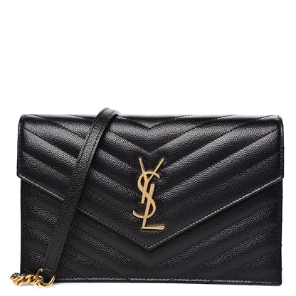 Saint Laurent Grain De Poudre Matelasse Chevron Monogram Envelope Chain Wallet Black 1 of 11