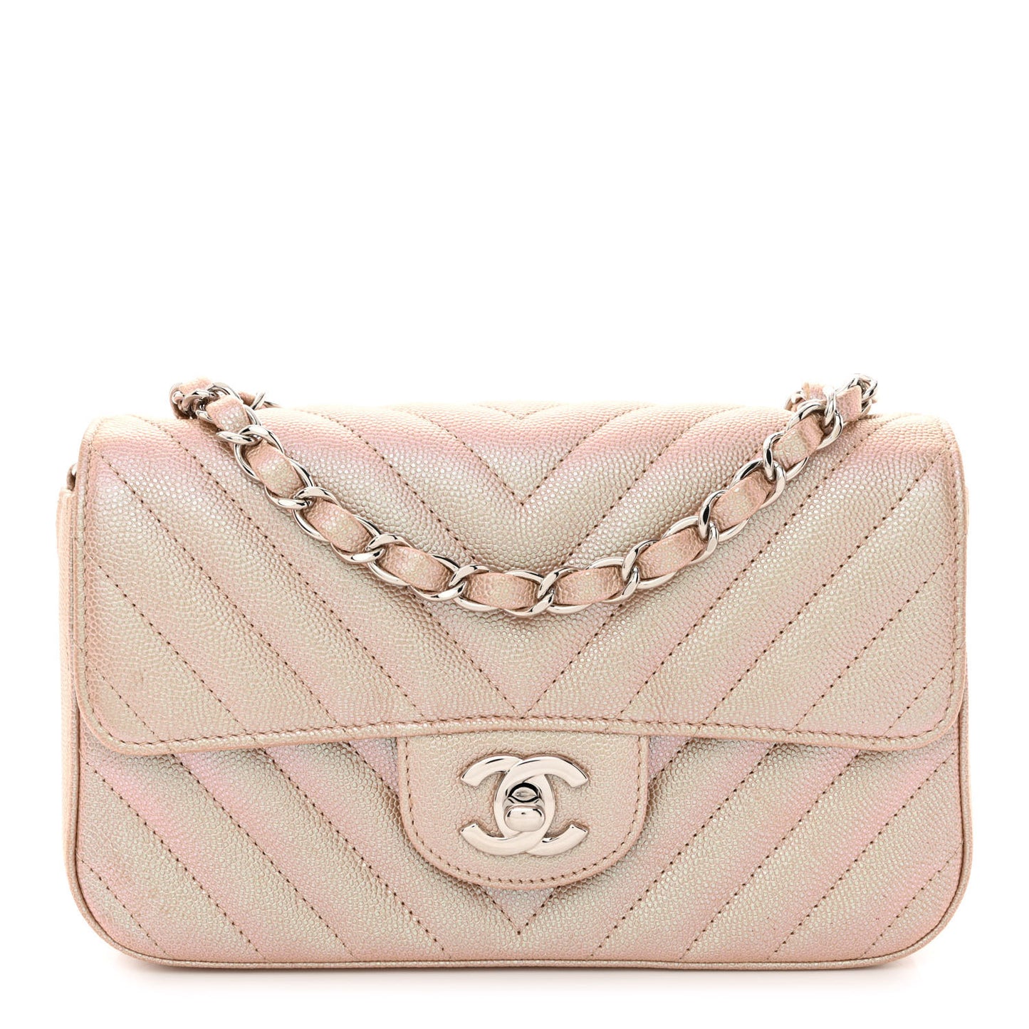 Iridescent Caviar Chevron Quilted Mini Rectangular Flap Light Gold