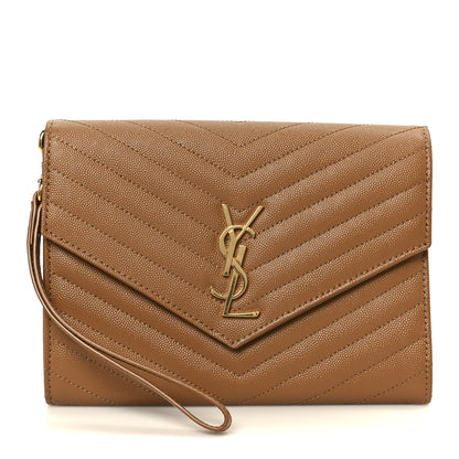 Saint Laurent Grain De Poudre Matelasse Chevron Monogram Cassandre Flap Pouch Natural Dark 1 of 8