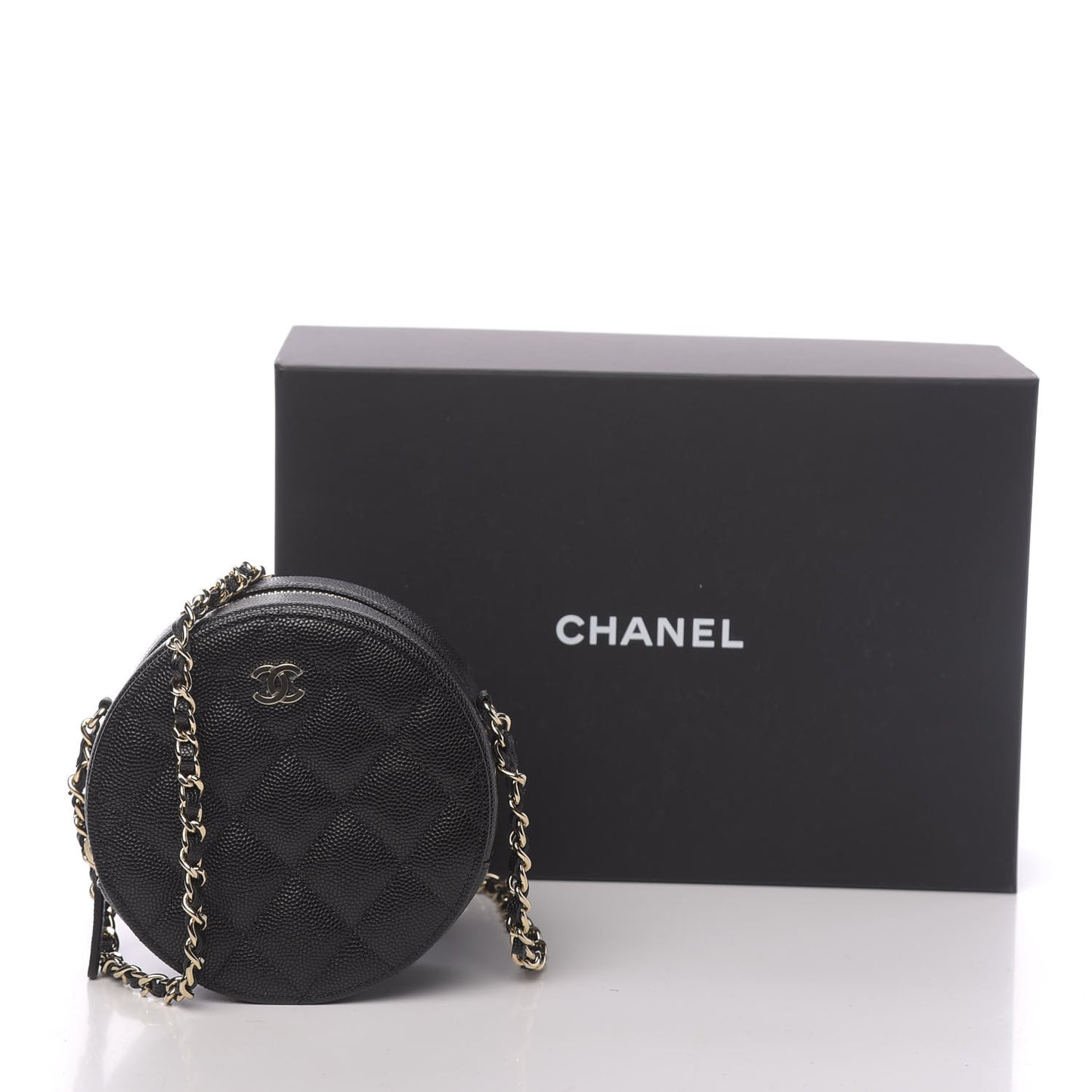 Caviar Quilted Round Clutch With Chain Black