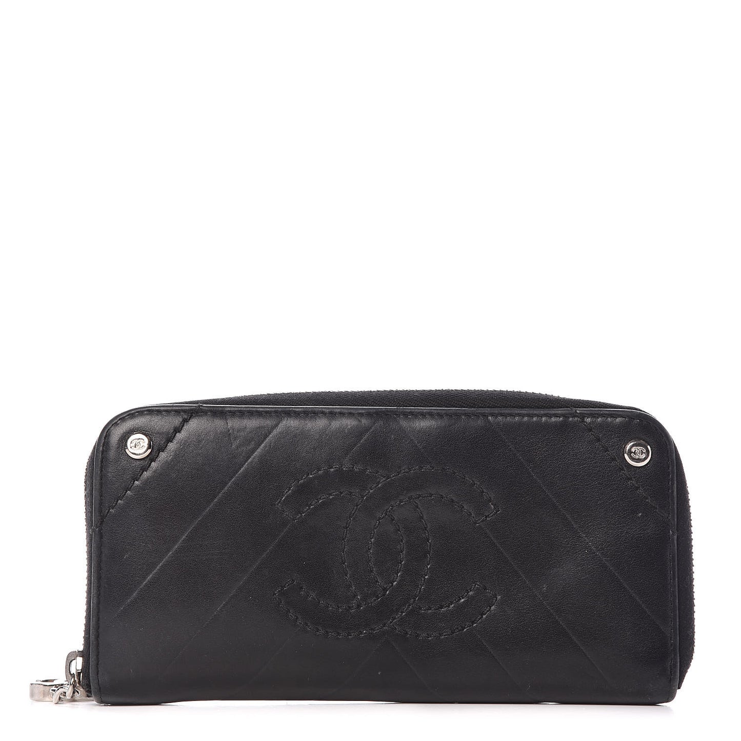Lambskin Chevron Quilted CC Zip Around Wallet Black