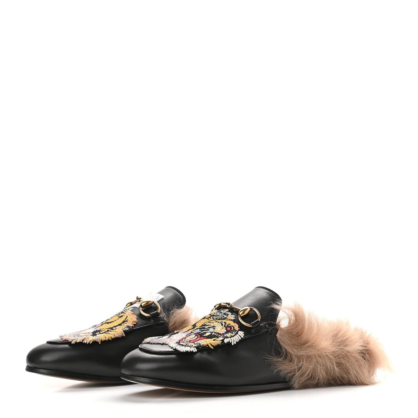 Calfskin Fur Tiger Embroidered Womens Princetown Slippers 35 Black