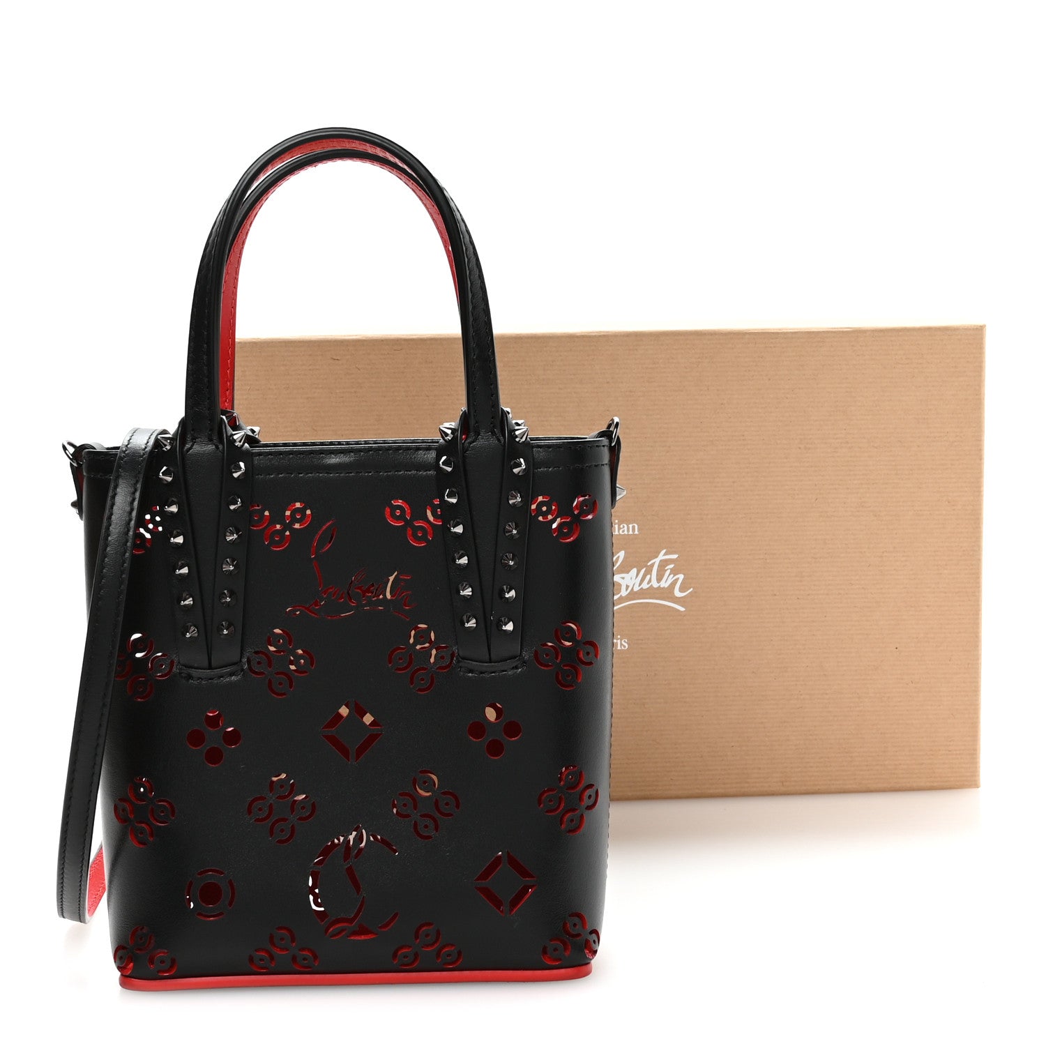 Christian Louboutin Calfskin Loubinthesky Perforated Spikes Mini North South Cabata Tote Black 11 of 11
