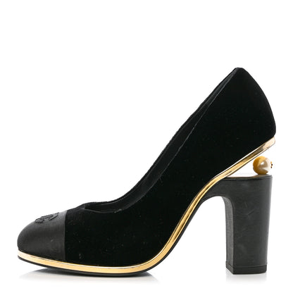 Chanel Velvet Satin Cap Toe Pearl Pumps 38 Black 1 of 13