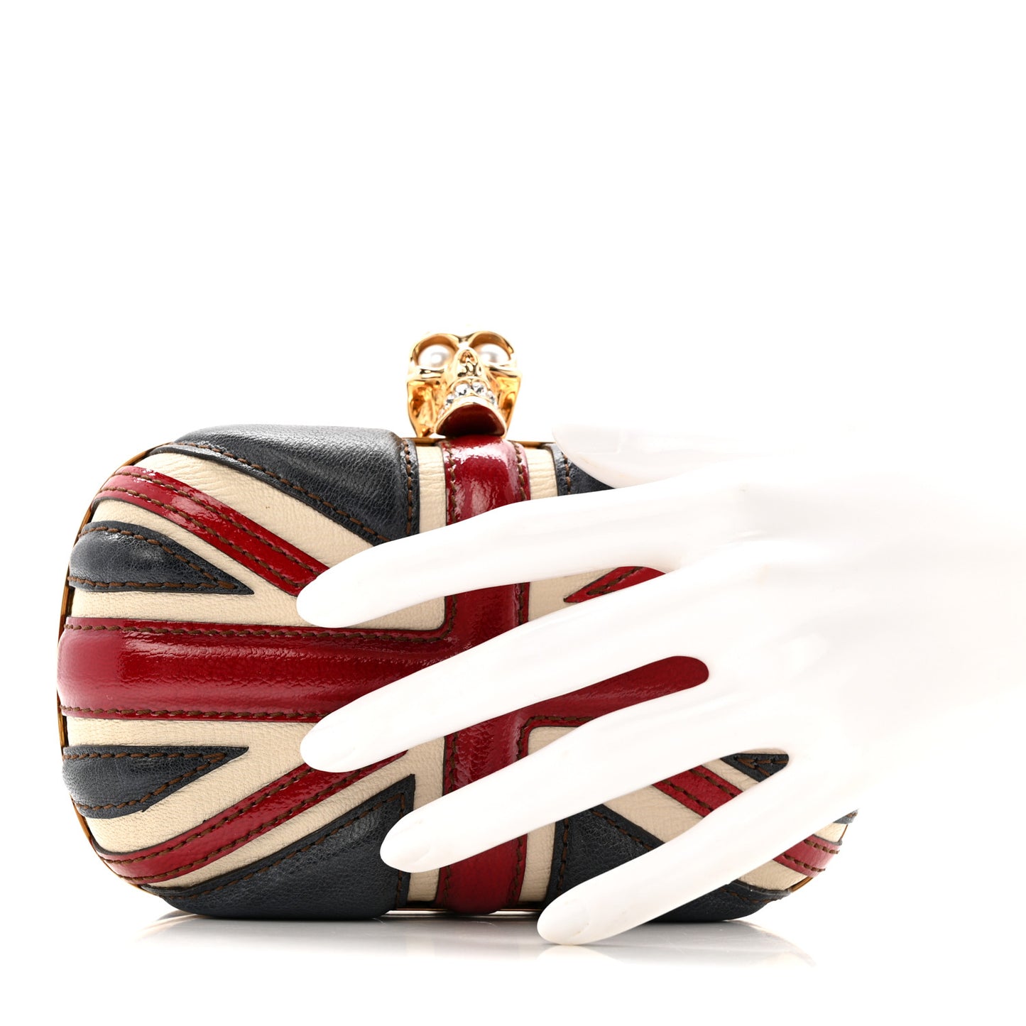 Patent Calfskin Britannia Skull Box Clutch Red Blue