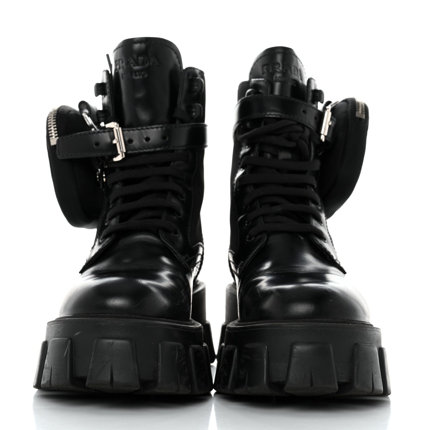 Prada Spazzolato Rois Nylon Metal Triangle Logo Monolith Pouch Pocket 55mm Boots 36 Black 2 of 8
