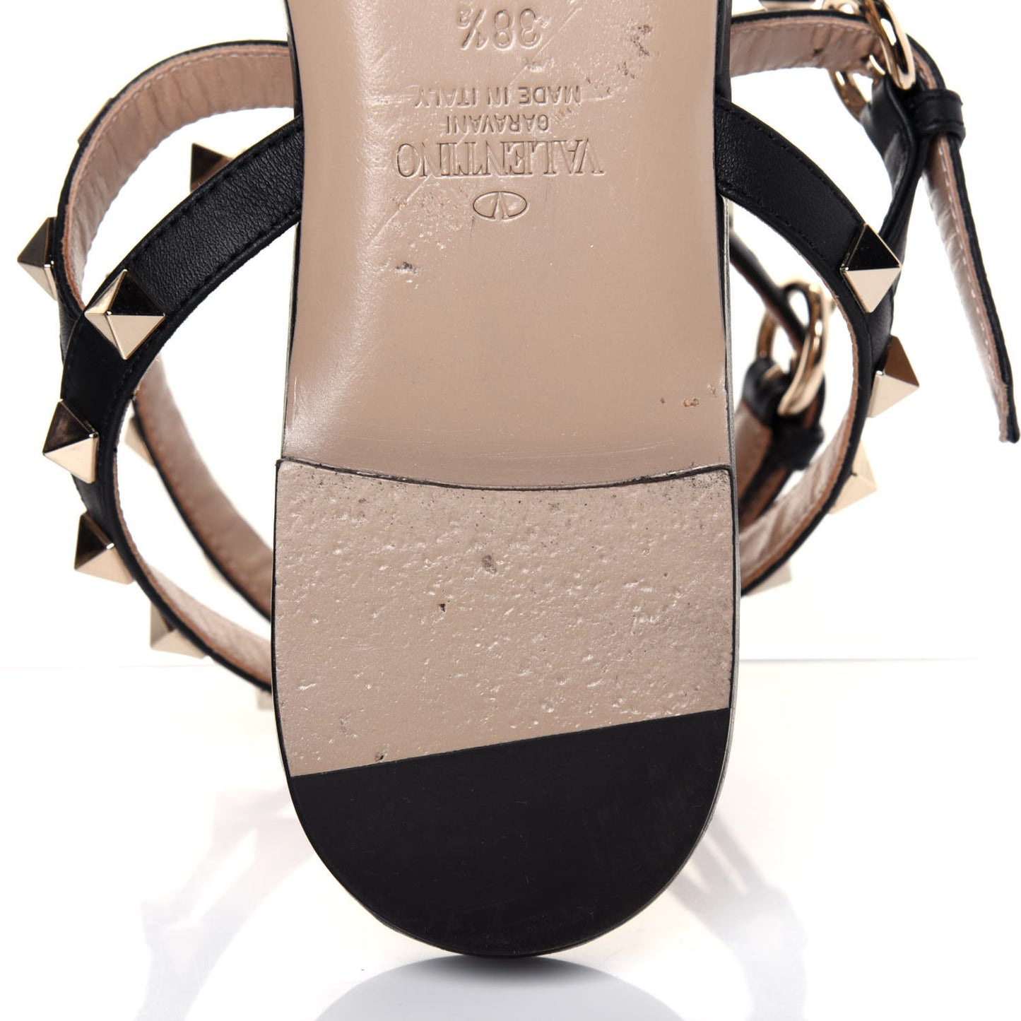 Nappa Rockstud Ankle Strap Flat Thong Sandals 38.5 Black
